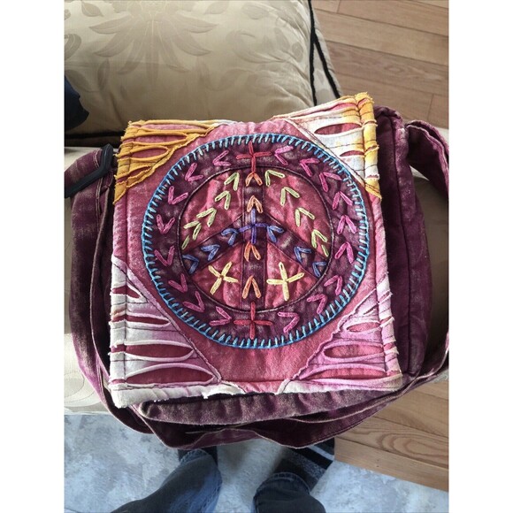 Unisex Crossbody Bag , Handmade in Nepal, Hippie Design, Distressed Finish Zip - Picture 1 of 7